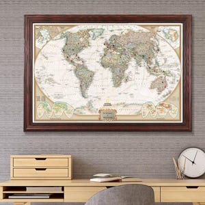 Personalized World Travel Map with Pins: Framed Push Pin Wall Art