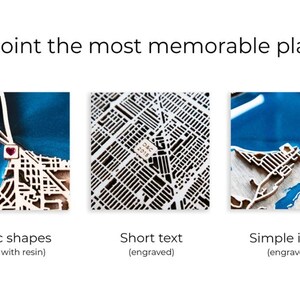 Op de afbeelding: Afbeelding van drie houten kaartontwerpen met blauwe harsaccenten. De kaarten bieden verschillende aanpassingsopties: basisvormen, korte tekst en eenvoudige pictogrammen. De tekst "Pinpoint the most memorable places!" staat bovenaan.
