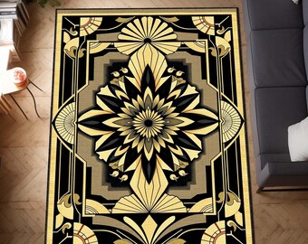 Elegant Art Deco Area Rug, Black & Biege Luxury Carpet, Vintage Glam Floor Decor, Floral Pattern Rug, Modern Classic Home Accent, Office Rug