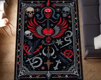 Gothic Skull Rug, Dark Art Area Rug with Ravens & Guitar, Heavy Metal Room Decor, Occult Themed Rug, Rock Music Lover Gift Carpet, Man Cave