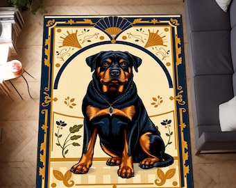 Rottweiler Rug, Art Deco Dog Area Rug, Vintage Pet Lover Carpet, Large Dog Floor Rug, Unique Canine Decor Rug, Dog Bed Rug, Dog Food Rug Mat