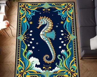 May include: A rectangular rug with a seahorse design. The rug features a navy blue background with a large seahorse in the center, surrounded by a decorative border with teal, yellow, and white accents. The seahorse is detailed with yellow and white stripes.
