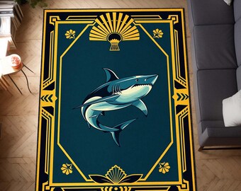 Tappeto minimalista Art Déco con squalo, tappeto a tema predatore oceanico, tappetino nautico audace per cameretta dei bambini, casa sulla spiaggia o arredamento per amanti del mare