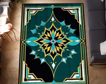 Blue Black Art Deco Area Rug, Geometric Vintage Style Carpet, Bold Glam Floor Mat for Modern, Elegant Rug, or Moody Luxe Home Decor, Rug