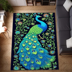 Peacock Area Rug, Colorful Bird Carpet, Boho Floral Decor, Exotic Animal Rug, Vibrant Living Room or Bedroom Statement Piece, Woman Best Rug