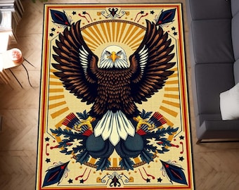 Dywan z orłem, dywan z orłem bielikiem, dywan z ptakami w stylu art déco, patriotyczny wystrój z motywem dzikiej przyrody, majestatyczna gobelinowa dekoracja ze zwierzętami, dywan inspirowany naturą, flaga amerykańska