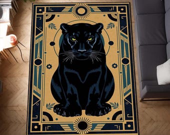 Jaguar Teppich, Art Deco Tier Teppich, Dschungel-Stil Teppich Schwarz Katze, Modernes Safari-Dekor, Eleganter Teppich Teppich