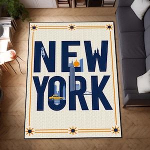 Vloerkleed New York City, Tapijt Skyline NYC, Tapijt Vrijheidsbeeld, Modern stedelijk decor, Yellow Cab-thematapijt kantoor, Cool City Vibes-accent