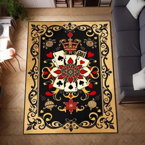 Tapete Art Déco para cartas de baralho, tapete vintage para área de pôquer, tapete para decoração de sala de jogos, tapete estilo cassino, decoração exclusiva para casa com tema de cartas, tapete para caverna do homem