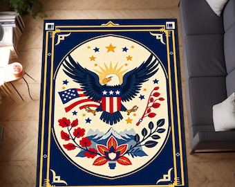 Dywan z orłem, dywan z orłem bielikiem, dywan z ptakami w stylu art déco, patriotyczny wystrój z motywem dzikiej przyrody, majestatyczna gobelinowa dekoracja ze zwierzętami, dywan inspirowany naturą, flaga amerykańska