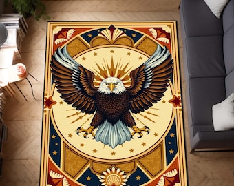 Dywan z orłem, dywan z orłem bielikiem, dywan z ptakami w stylu art déco, patriotyczny wystrój z motywem dzikiej przyrody, majestatyczna gobelinowa dekoracja ze zwierzętami, dywan inspirowany naturą, amerykański dom