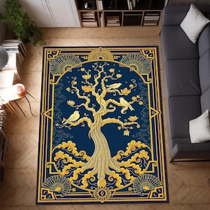 Tree of Life Rug, Vintage Art Deco Area Carpet with Birds, Boho Nature Decor, Spiritual Floor Rug, Sacred Symbol Tapestry Rug, Luxury Rug