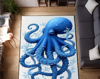 Alfombra de pulpo azul, alfombra de animales marinos, decoración náutica del océano, alfombra única de arte marino para sala de estar o cuarto infantil, cueva del hombre