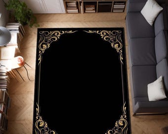 Art Deco Area Rug, Black and Gold Geometric Carpet, Modern Glam Floor Mat, Victorian Style Rug, Elegant Living Room Decor, Office Floor Rug