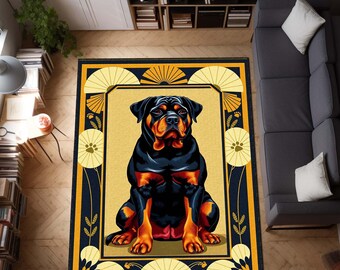 Rottweiler Rug, Art Deco Dog Area Rug, Vintage Pet Lover Carpet, Large Dog Floor Rug, Unique Canine Decor, Dog Bed Rug, Dog Food Rug Mat