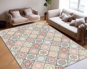 Boho Patchwork Kilim Rug, Moroccan Tile Pattern Carpet, Vintage Style Area Rug, Floral Mandala Design, Pastel Bohemian Rug, Living Room Rug