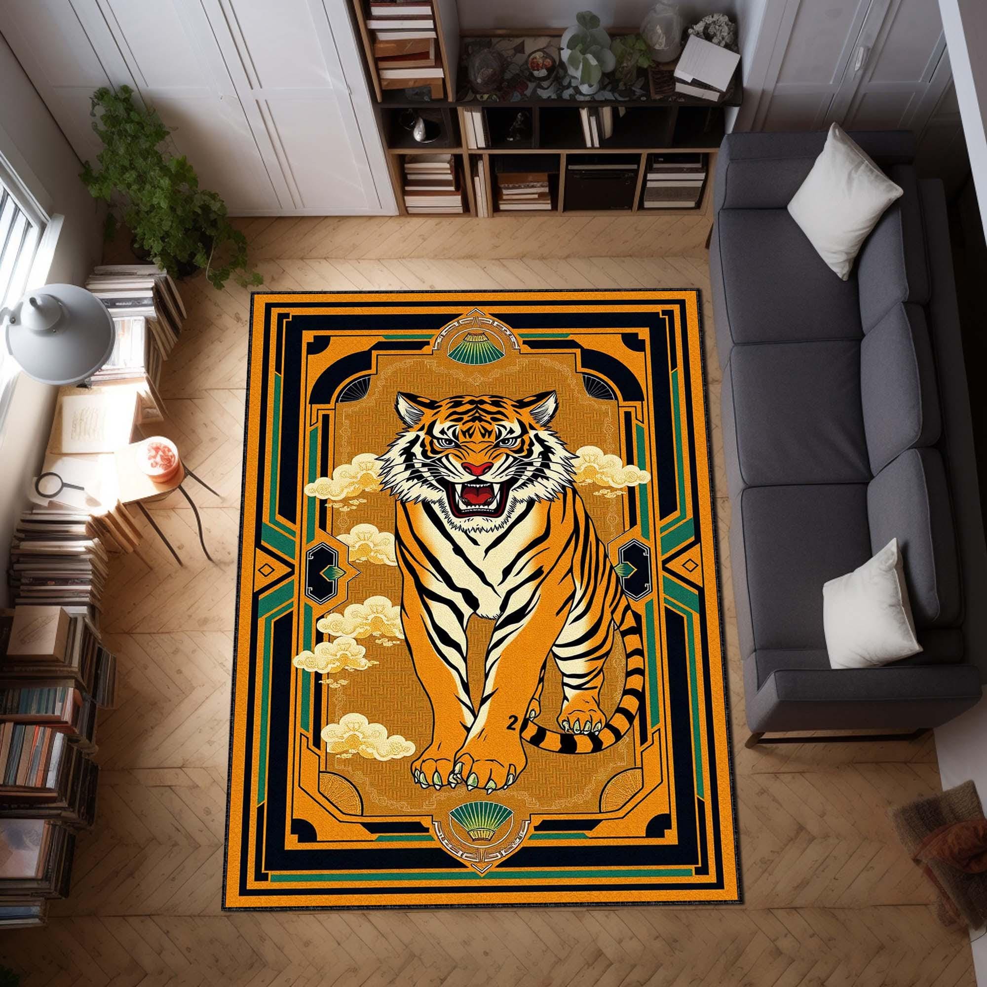 Tibetan Tiger Rug, Bold Art Deco Area Carpet, Japanese Style Tiger