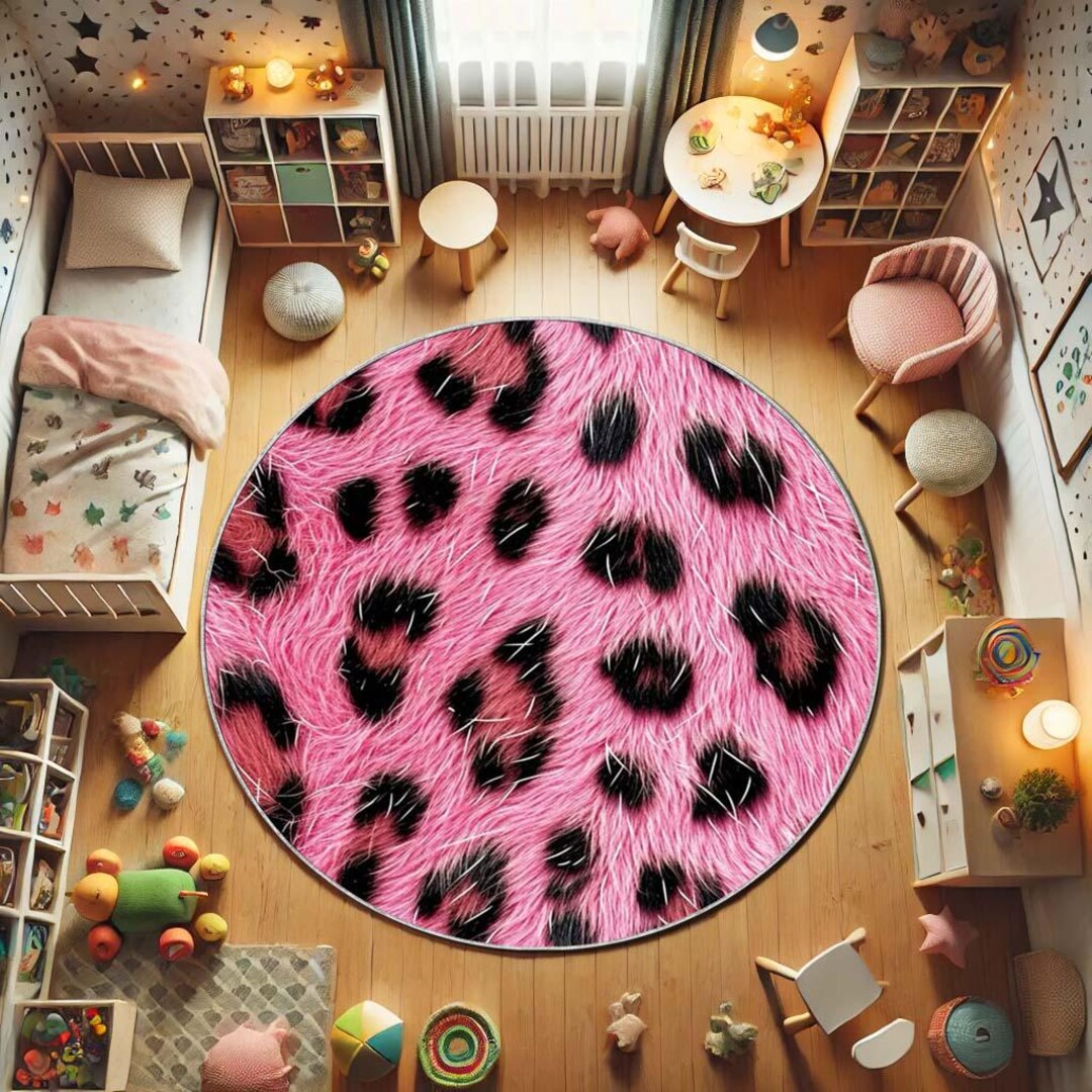 Pink Leopard Round Rug, Faux Fur Animal Pattern Carpet, Soft Washable ...