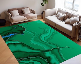 Emerald Green Marble Rug, Art Deco Gold Accent, Modern Abstract Decor