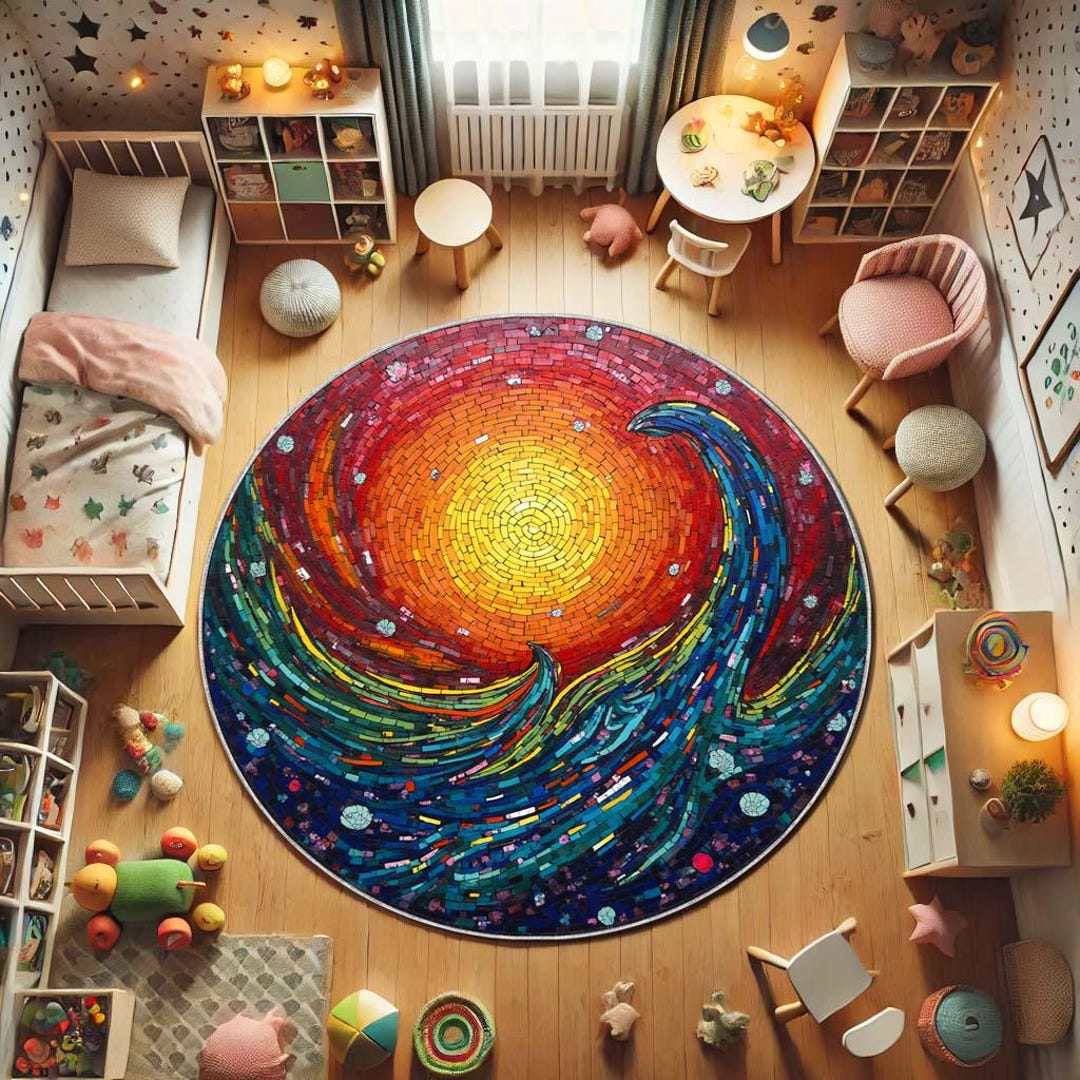 Colorful Mosaic Sun Round Rug, Bohemian Style Carpet, Vibrant Mandala ...