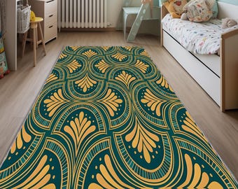 Art deco tapijt, minimalistisch tapijt, tapijt uit het midden van de eeuw, housewarmingcadeau, vintage tapijt, wasbaar tapijt, Victoriaans cadeau, keukentapijt, groen tapijt