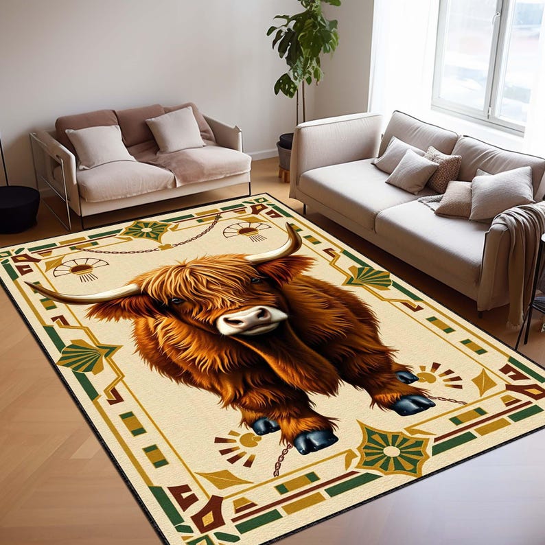 Highland Cow Art Deco Rug, Rustic Farmhouse Area Carpet, Shaggy Cattle ...