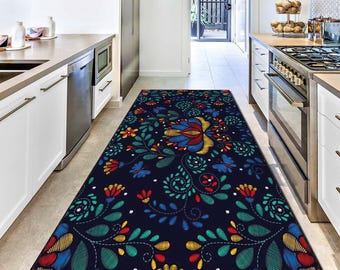 Boho Floral Runner Rug, Vintage Botanical Hallway Carpet, Embroidered Style Flower Leaf Pattern Rug, Ethnic Entryway Decor, Oriental Rug