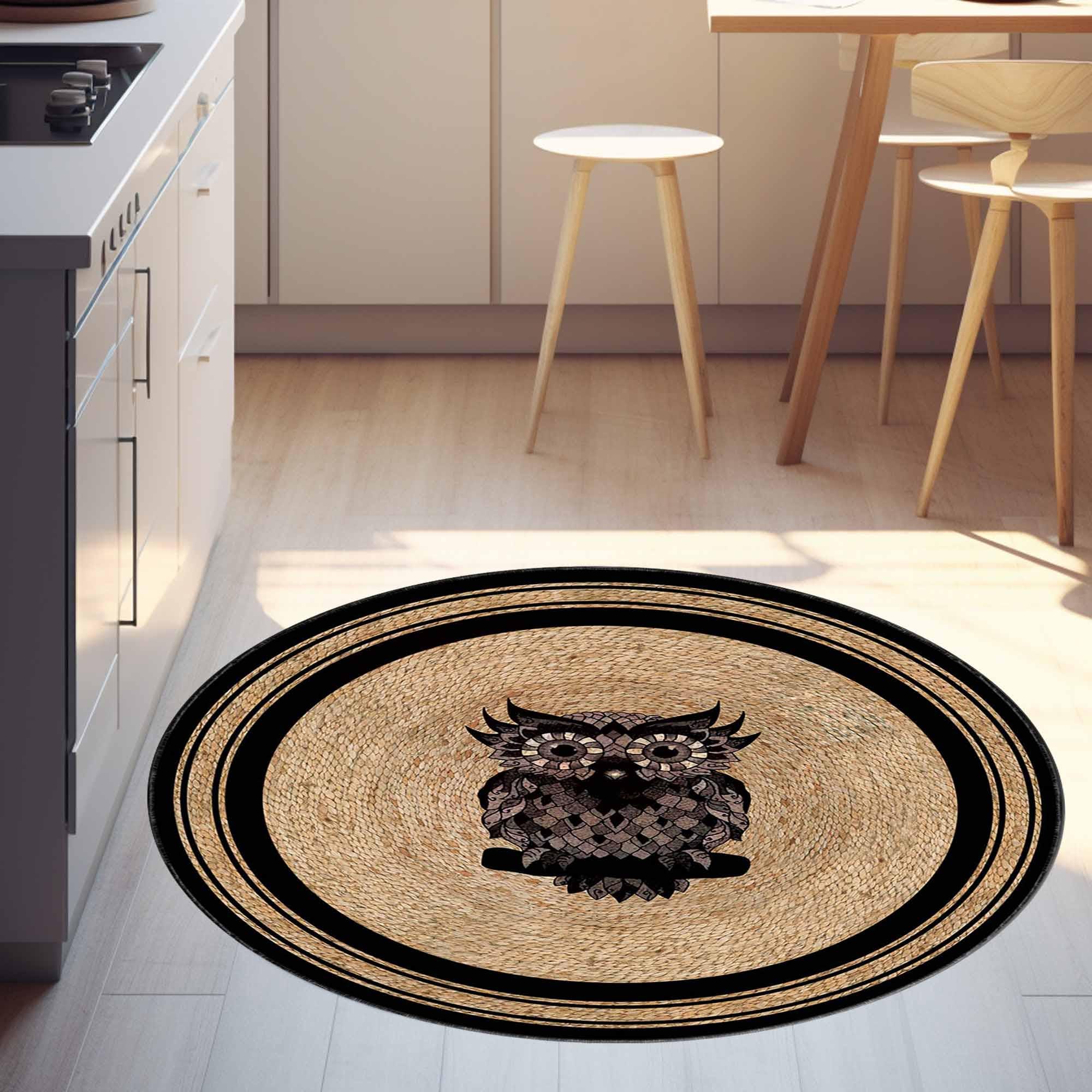 Owl Rug, Luxury Round Rug, Circle Rug, Vintage Carpet, Housewarming Gift, Kitchen Rug, Washable Rug