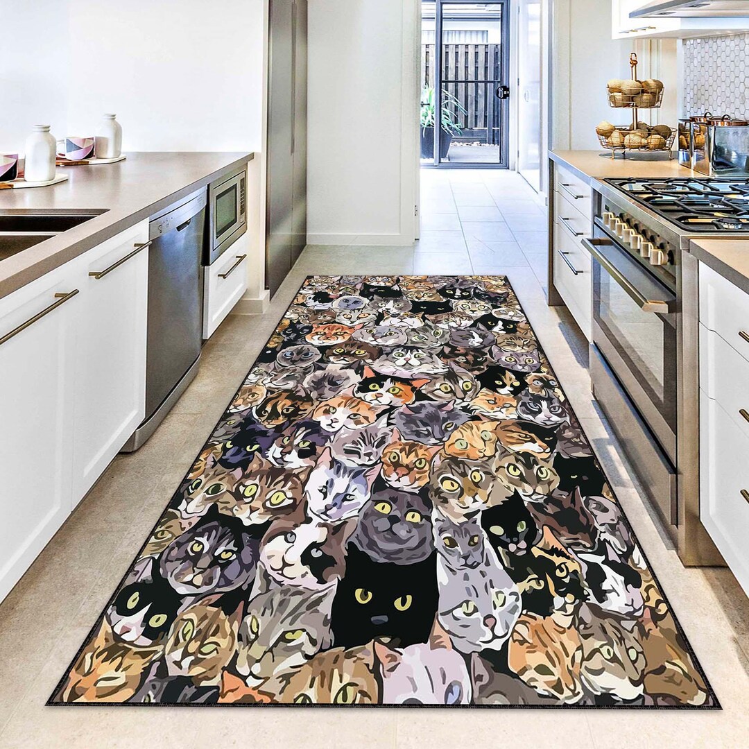 Cat Runner Rug, Cute Cat Faces Carpet, Feline Print Hallway Rug, Kitty ...