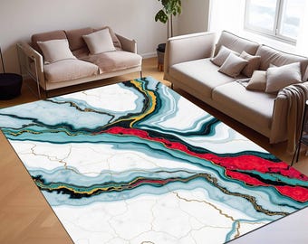 Luxury Agate Marble Rug, Blue Gold Abstract Area Rug, Gold Vein Geode Carpet, Modern Statement Rug, Resin Art Inspired Rug