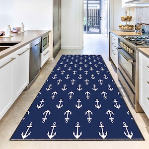 Nautical Anchor Runner Rug, Navy Blue Coastal Hallway Carpet, Marine Style Floor Mat, Beach House Decor, Ocean Theme Area Rug, Washable Rug
