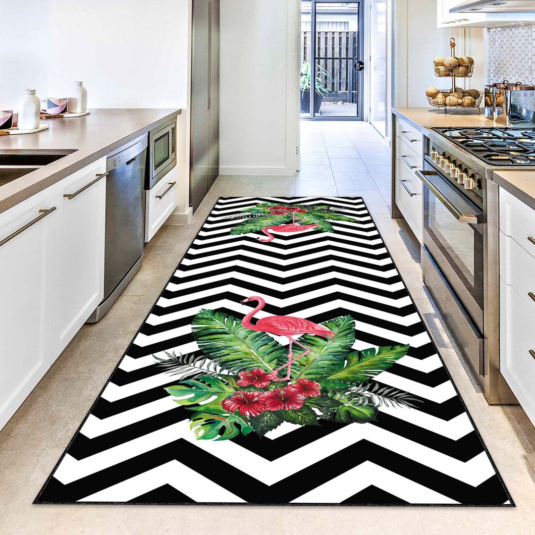 Tropical Flamingo Runner Rug, Chevron Black and White Carpet, Exotic ...