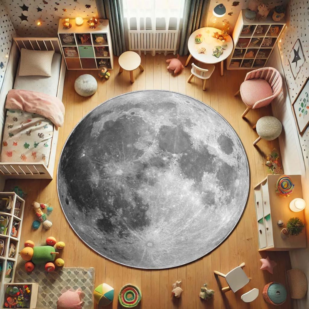 Moon Rover Play Rug Full Moon Round Rug, Realistic Lunar Surface Carpet, Black and White ...