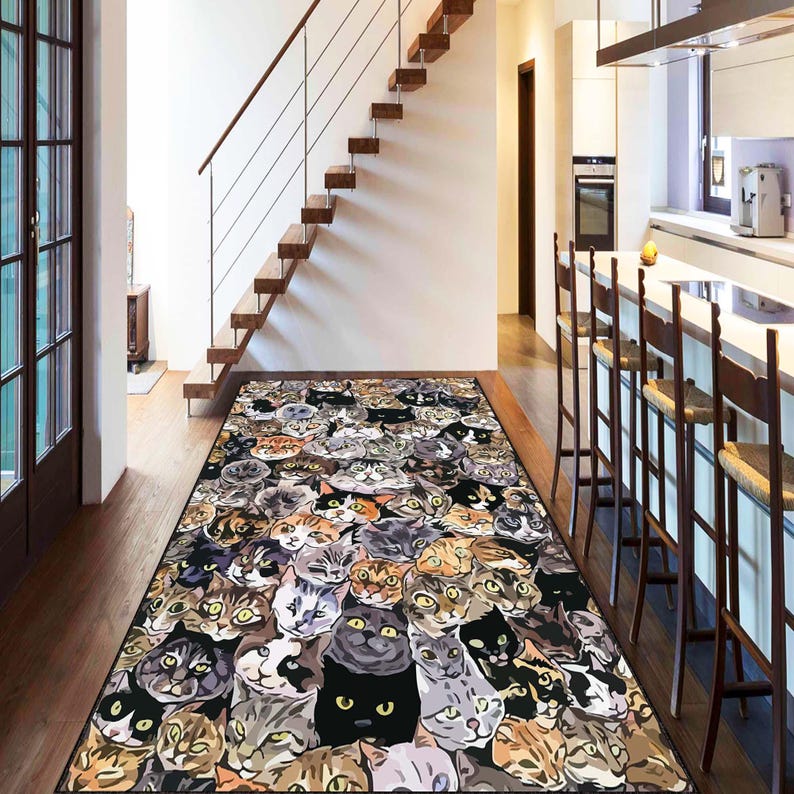 Cat Runner Rug, Cute Cat Faces Carpet, Feline Print Hallway Rug, Kitty ...