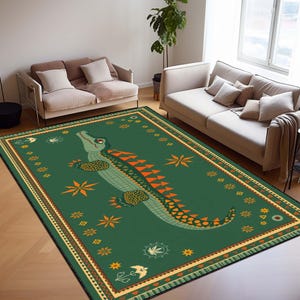 Green Alligator Art Deco Rug, Bold Reptile Themed Area Carpet, Jungle-Inspired Floor Mat for Kids Room, Safari Decor, or Animal Lovers Rug