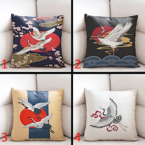 Japanese Crane Pillow Case, Crane Pillow Cover, Crane Couple Pillowcase, Colorful Pillow, Throw Pillowcase, Custom Pillow Cover, Japan Style