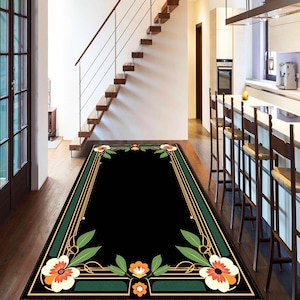 Lotus Flower Runner Rug, Art Deco Hallway Carpet, Non Slip Washable Runner, Modern Yoga Mat Rug, Kitchen Floor Mat, Emerald Green Door Mat