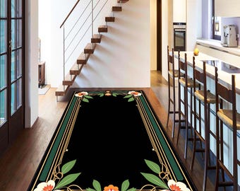 Lotus Blumen Läufer, Art Deco Flurteppich, rutschfester, waschbarer Yogateppich, Küchenmatte, Smaragdgrüne Fußmatte