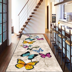 Alfombra de mariposas, alfombra colorida con mariposas, alfombra de pasillo inspirada en la naturaleza, decoración de piso de estética vintage, alfombra de entrada elegante, alfombra de estilo rústico