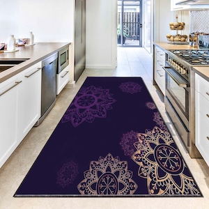 Boho Mandala Runner Rug, Purple Bohemian Hallway Carpet, Spiritual Floor Mat, Yoga Room Decor, Ethnic Kilim for Modern Homes, Kitchen Rug