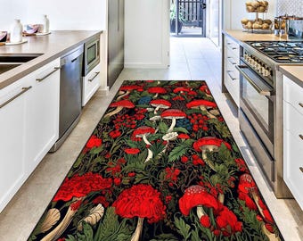 Red Mushroom Runner Rug, Colorful Floral Carpet, Whimsical Fairycore Hallway Mat, Cottagecore Aesthetic Home Rug, Enchanted Forest Flooring