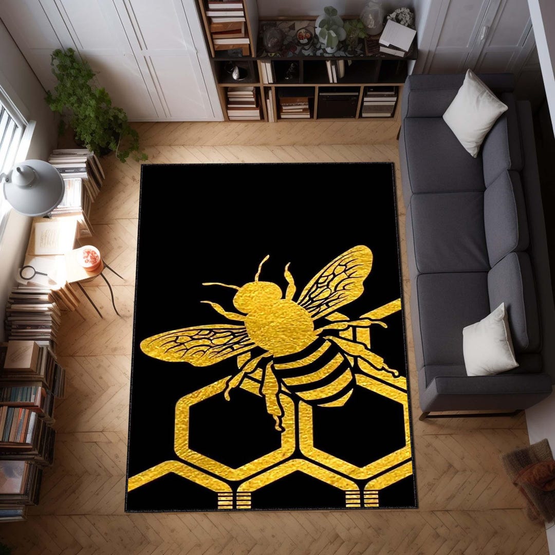 Golden Bee Round Rug, Black and Gold Honeycomb Carpet, Modern Bee Decor ...