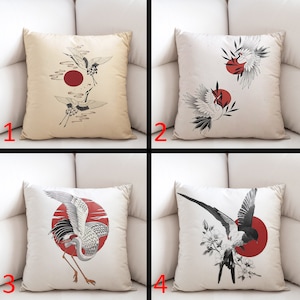 Funda de almohada de grulla japonesa, funda de almohada de pájaro, funda de almohada japonesa, almohada colorida, funda de almohada decorativa, funda de almohada personalizada, fundas de almohada de grulla