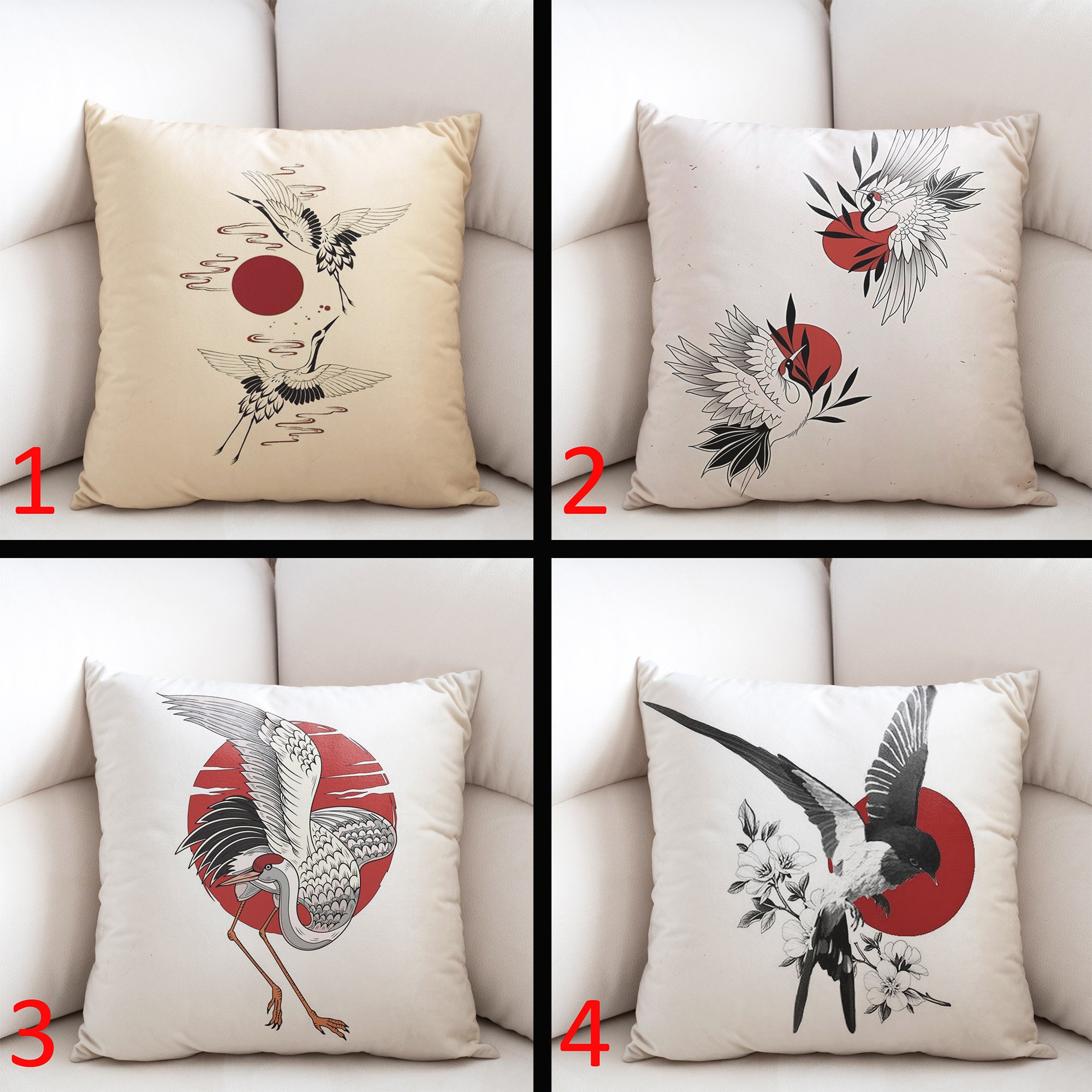 Japanese Crane Pillow Case, Bird Pillow Cover, Japan Pillowcase, Colorful Pillow, Throw Pillow Case, Custom Pillow Cover, Crane Pillow Cases