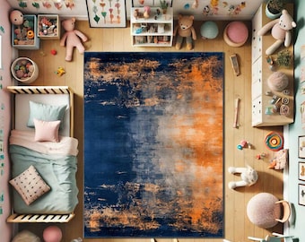 Modern Abstract Rug, Blue Orange Area Rug, Distressed Vintage Style Carpet, Kidsroom Rug, Artistic Statement Rug, Ombre Effect Carpet