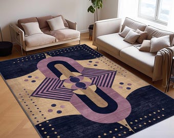 Art Deco Rug, Geometric Area Rug, Modern Abstract Carpet, Purple Navy Rug, Contemporary Statement Rug, Luxury Rug, Symmetrical Design Rug