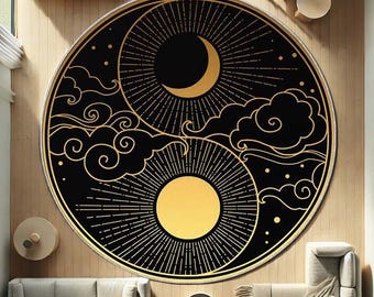 Black And Gold Round Rug With Sun And Moon Design, Celestial Yin Yang Carpet, Boho Mystical Floor Mat, Unique Spiritual Home, Christmas Gift