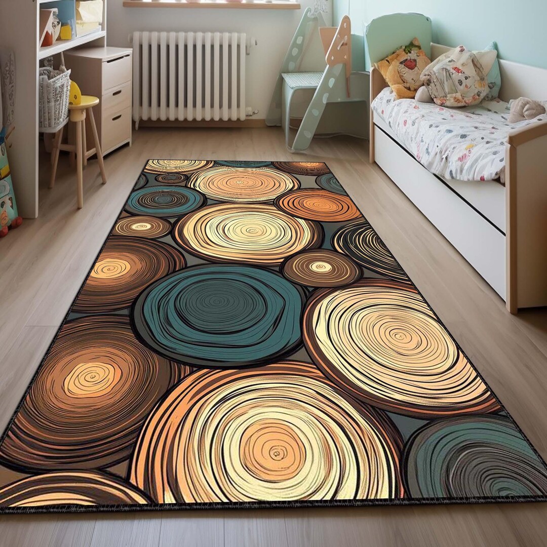 Tree Ring Area Rug, Natural Wood Slice Pattern Carpet, Rustic Earthy ...