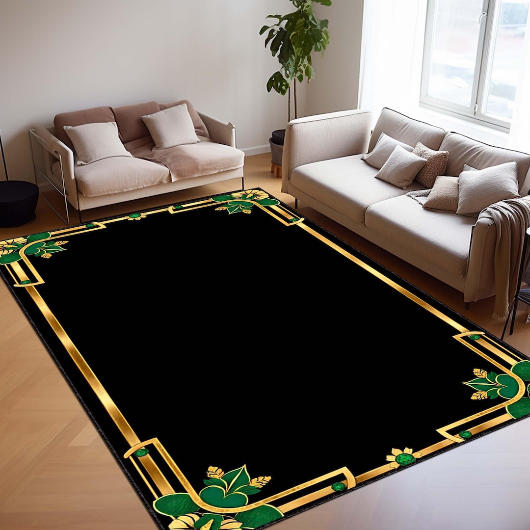 Emerald Green Gold Area Rug, Luxury Hallway Carpet, Art Deco Entryway ...