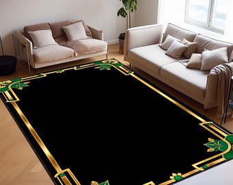 Emerald Green Gold Area Rug, Luxury Hallway Carpet, Art Deco Entryway Rug, Washable Non Slip Runner Rug, Long Narrow Floor Mat, Chic Design